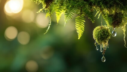 Green fern leaves and moss with sparkling water drops in natural environment with warm sunlight creating fresh scene