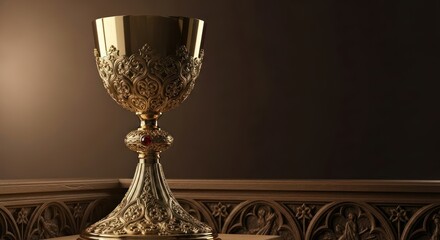 Ornate Golden Chalice on Carved Wooden Surface for Ceremony or Decoration
