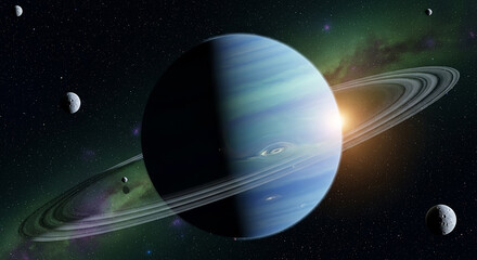 Ringed Gas Giant Planet with Moons and Nebula in Deep Space