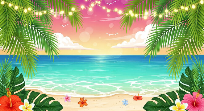Tropical Beach Sunset with Palm Trees, String Lights, and Flowers