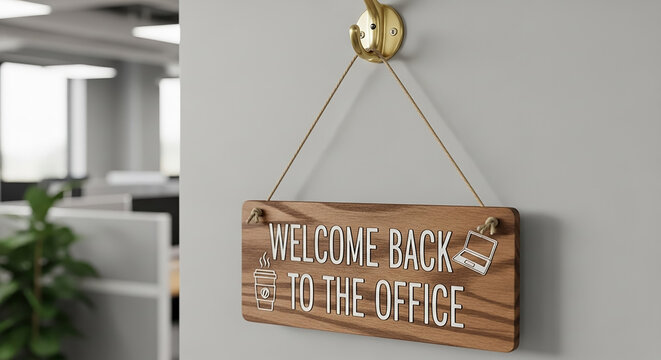 Welcome Back to the Office Wooden Sign Hanging in Modern Workplace