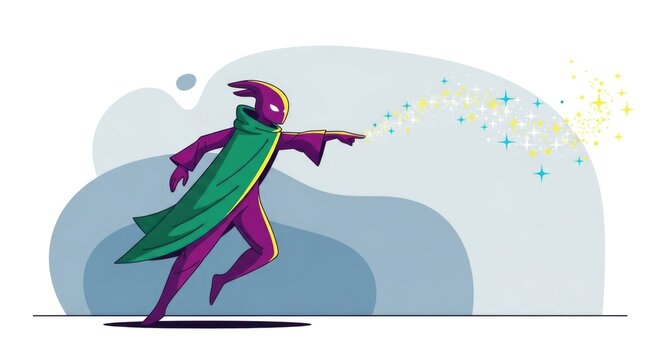 Mysterious figure in purple and green cape conjures stardust.