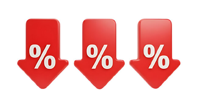 Three red arrows pointing down with percentage sign isolated on transparent background