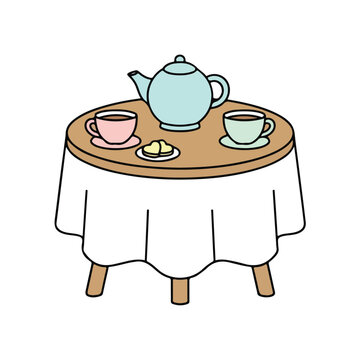 Tea Time Table with Teapot and Cups Cartoon