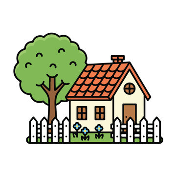 Cute House with Fence and Tree Cartoon Illustration