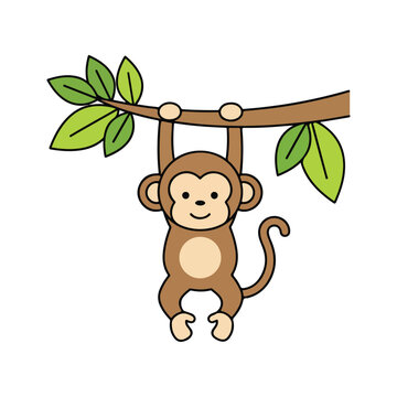 Cute Monkey Hanging on Branch Cartoon Illustration