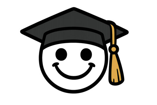 Graduating smiley face wearing a mortarboard cap, celebrating academic success and education, cheerful emoji symbol of achievement