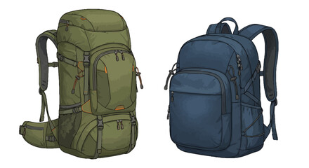Illustration of two versatile backpacks a robust olive green hiking rucksack for outdoor adventures and a sleek navy blue daypack, ideal for everyday use or travel