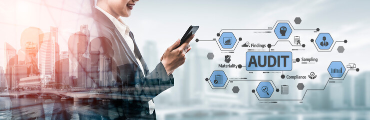 A business professional engages with digital tools to analyze audit processes and compliance, showcasing a modern and data-driven corporate atmosphere. Tessel