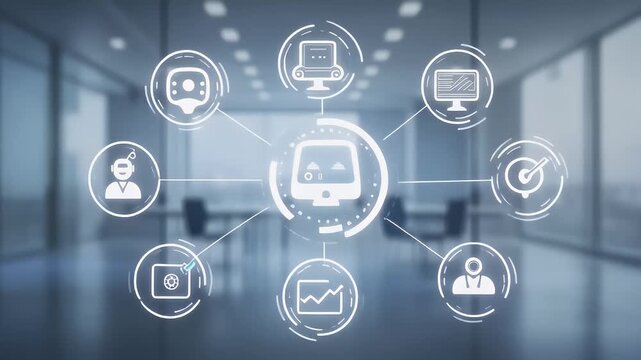 AI-powered business automation and networking concept in a modern office environment.