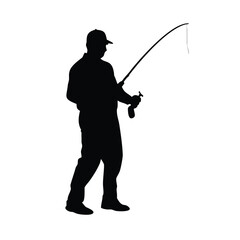 Obraz premium Silhouette of a fisherman in classic attire, fish man icon on white background 