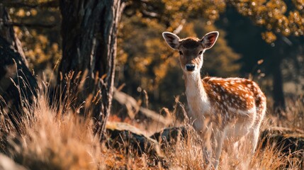 Spotted fallow deer standing amid sunlit meadow grass in autumn forest
