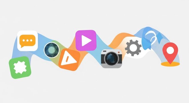 Wavy ribbon with various application icons representing digital connectivity and technology.