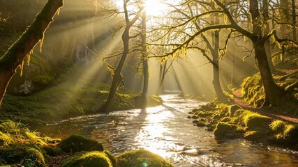 Sunlight streams through a vibrant green forest with a flowing river, inviting adventure and exploration in a natural paradise