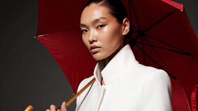 A glamorous Asian model in a white high-collar jacket holds a striking red umbrella, featuring glossy makeup and slicked hair against a dark background in a dramatic fashion portrait.