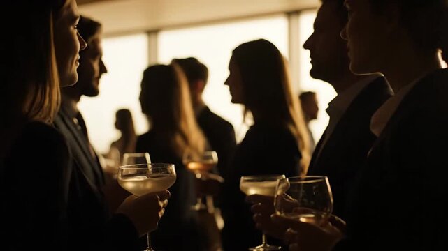 Silhouetted business people enjoy drinks and conversation at a sophisticated gathering