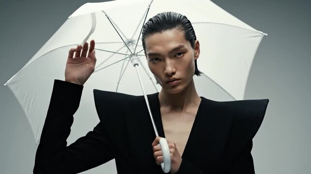 Dramatic fashion shot: a model in a sharp black structured jacket with slicked-back hair holds a translucent white umbrella against a moody gray backdrop, conveying severe, modern elegance and intens