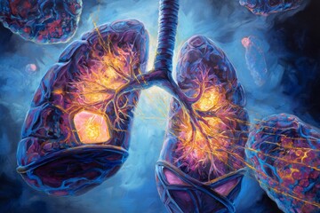 A Vibrant Artistic Representation of Human Lungs Highlighting Intricate Structures and Vital Functions in a Colorful Abstract Style