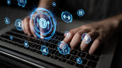 Healthy lifestyle icons show exercise, healthy lifestyle diet, and wellness routine. Healthy...