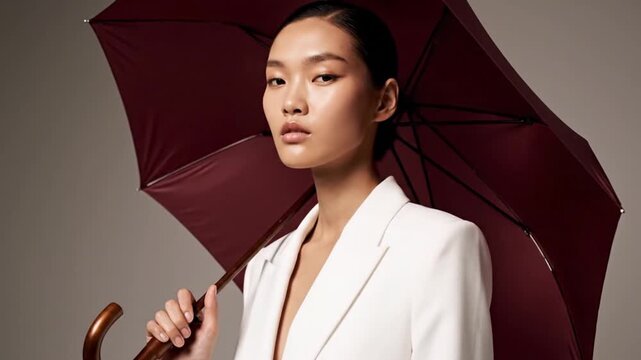 A stylish model in a white blazer holds a partially open burgundy umbrella against a gray background. Her slicked-back hair and glossy makeup create a sophisticated, high-fashion look.