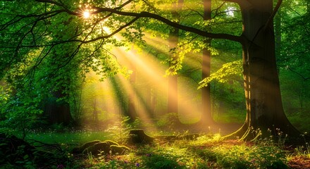 The sun's rays stream dramatically through the canopy, illuminating the mist and highlighting the lush green leaves and mossy ground.