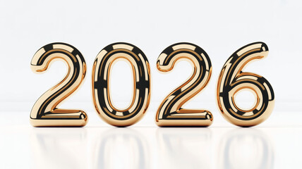 A 3D rendering of the year 2026 in metallic gold text against a pure white background.