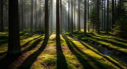 A serene and atmospheric forest scene. Sunlight streams through tall, slender trees, creating dramatic, long shadows across a mossy, bright green forest floor.