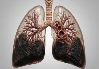 Anatomical illustration of human lungs, depicting the effects of smoking and disease.