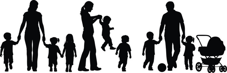 Silhouette illustration of parents walking and playing with children, showcasing family bonding, childcare activities, and outdoor lifestyle in simple graphic design
