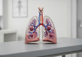 Anatomical model of human lungs, showcasing the respiratory system and potential health issues.