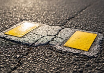 Close-up view of two yellow road markers embedded in cracked asphalt, showing wear and tear.