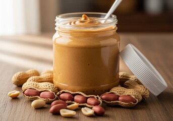 A jar of peanut butter with a spoon, surrounded by peanuts on a wooden surface.