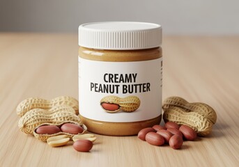 A jar of creamy peanut butter with peanuts in their shells and scattered on a wooden surface.