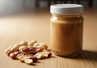 A jar of peanut butter sits next to a pile of peanuts on a wooden surface.