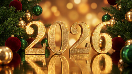 A scene featuring the year 2026 in bold, golden 3D letters with a sparkling, reflective surface. Happy New Year, Happy New Year 2026, Merry Christmas And Happy New Year