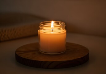 A lit candle in a glass jar sits on a wooden coaster, creating a warm ambiance.