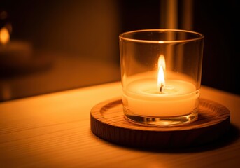 A lit candle in a glass holder on a wooden coaster, creating a warm ambiance.
