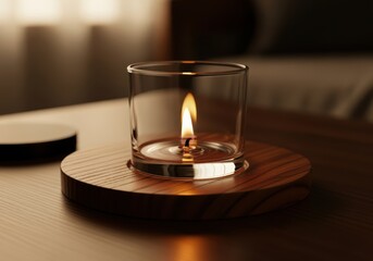 A lit candle in a glass holder sits on a wooden base, creating a warm ambiance.