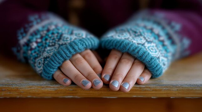 Child hands with silver nail polish on wooden table wearing blue patterned knitted sweater sleeve cozy calm winter design glitter nails