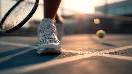 Tennis player action on court with racket, ball and sunshine background