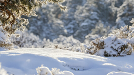 Winter forest landscape. Snow and frost covered pine tree branches and shrubs.