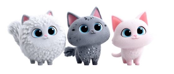 Three adorable cartoon kittens in vibrant colors, posing playfully against a white background