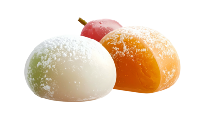 Three mochi balls dusted with powder, green, orange, and red