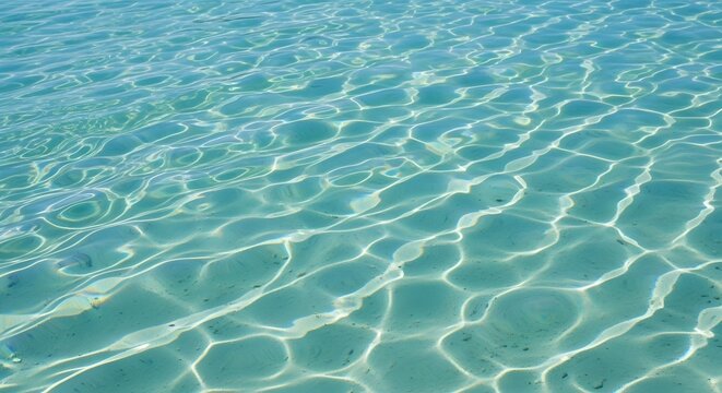 Clear turquoise water with sunlight reflections creating beautiful ripple patterns on the sandy bottom.