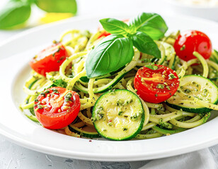 Zucchini noodles tossed in pesto, topped with cherry tomatoes and basil. AI