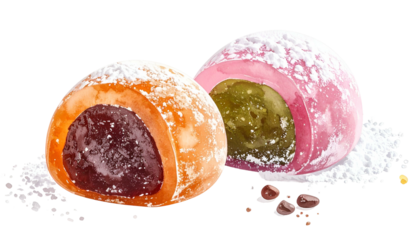 Two mochi desserts, cut, dusted with powder