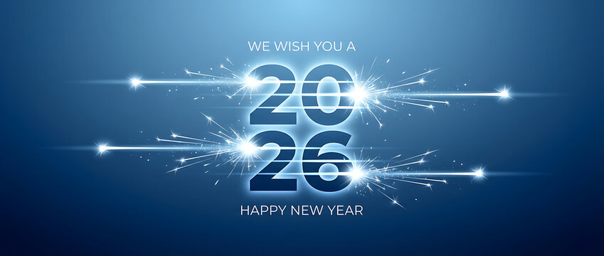 card or banner to wish a happy new year 2026 in gold the 0 is a clock with gold colored glitter in bokeh effect on a blue background