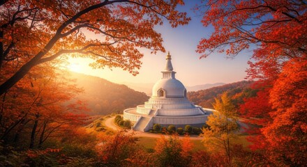 Tranquil temple bathed in autumn colors at sunset creates serene mood