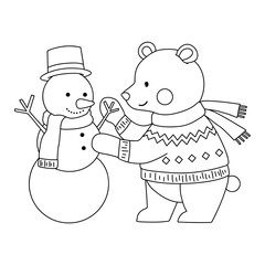 Polar bear wearing sweater joyfully building a snowman in a winter coloring pages for kids.  Holiday seasons worksheet printable for kids. Christmas worksheet.