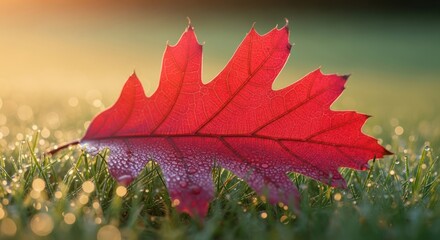 Vibrant autumn oak leaf on dewy grass glistening in the early morning light